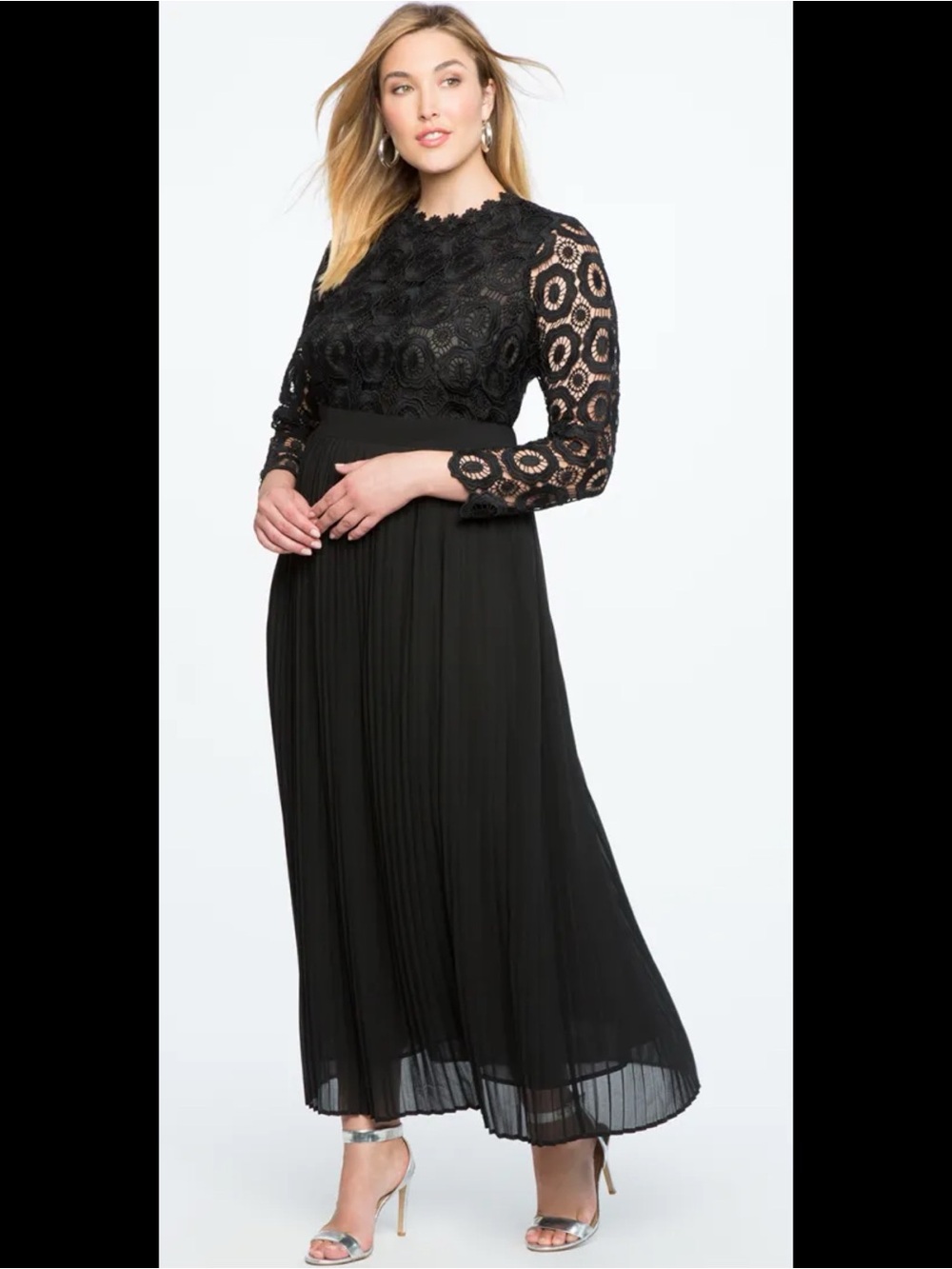 ELOQUII Black Lace Long Sleeves Maxi Pleated Chiffon Skirt Formal Dress 14 New